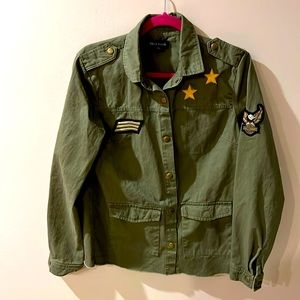 New Look Army Green Jean Jacket with Patches Size Small Snap Pockets and detail
